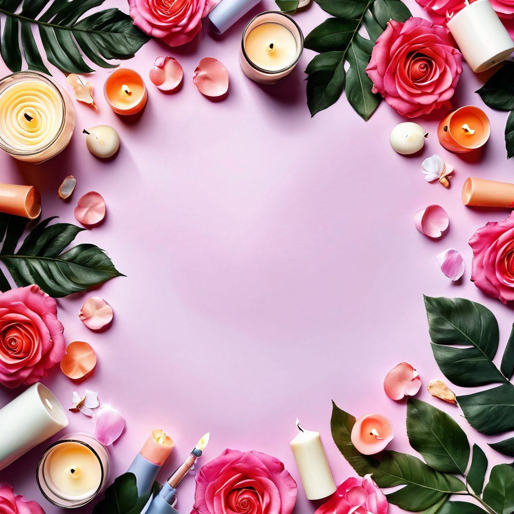 A vibrant and inviting flat lay of various adult toys arranged artfully on a soft pastel-colored background. Include elegant candles and rose petals for a sensual atmosphere. Incorporate diverse textures, such as silky fabrics and glossy surfaces, to evoke a sense of luxury and wellness. Add a hint of lush greenery to symbolize natural intimacy. super-realistic. vibrant colors. soft-focus.