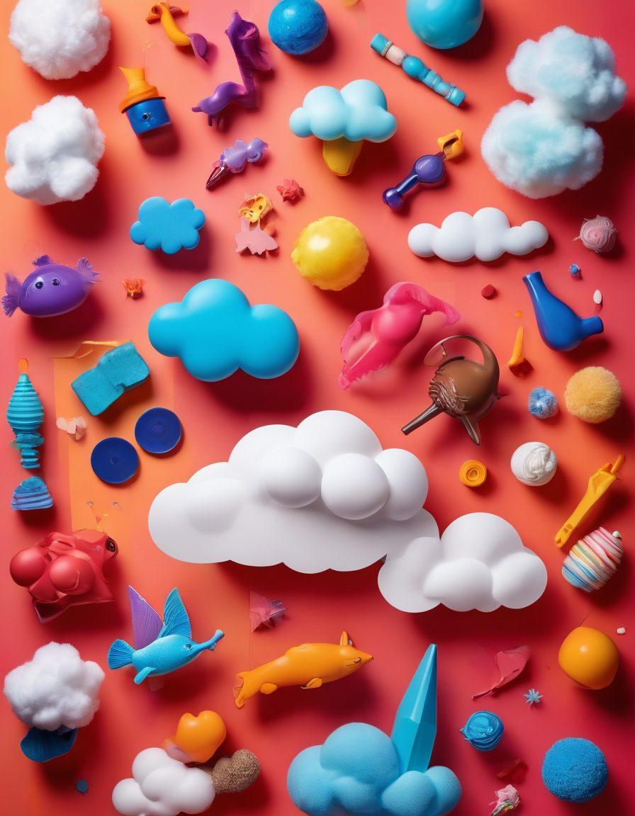 A vibrant collage of various adult toys, including sleek designs and playful accessories, displayed on a colorful background, highlighting diversity in shapes and materials. Surrounding the toys, hints of adult fantasy elements like whimsical dream clouds and playful silhouettes, creating an inviting atmosphere for exploration. soft focus. vibrant colors. 3D.